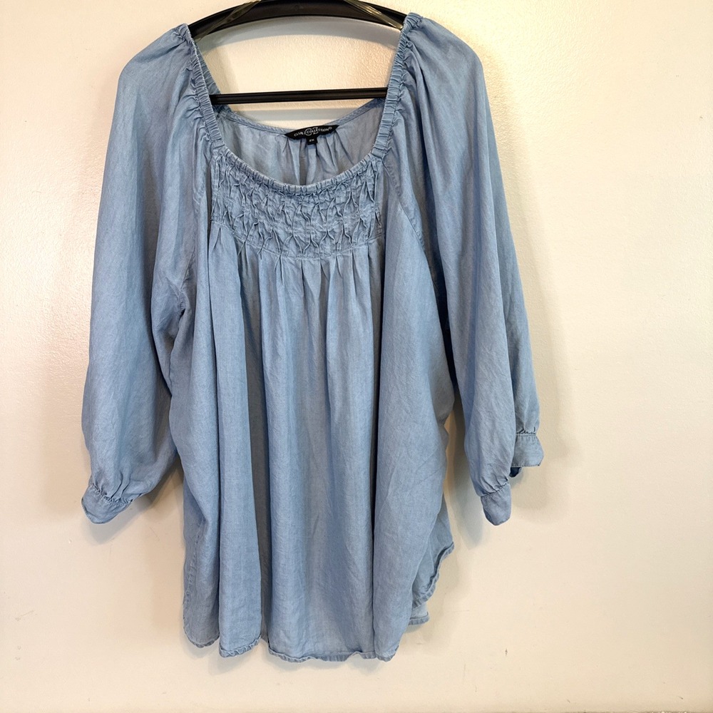 Womens Cottagecore Blue 3/4 Sleeve Top Size 2X Boho Smocked Flowy Lightweight